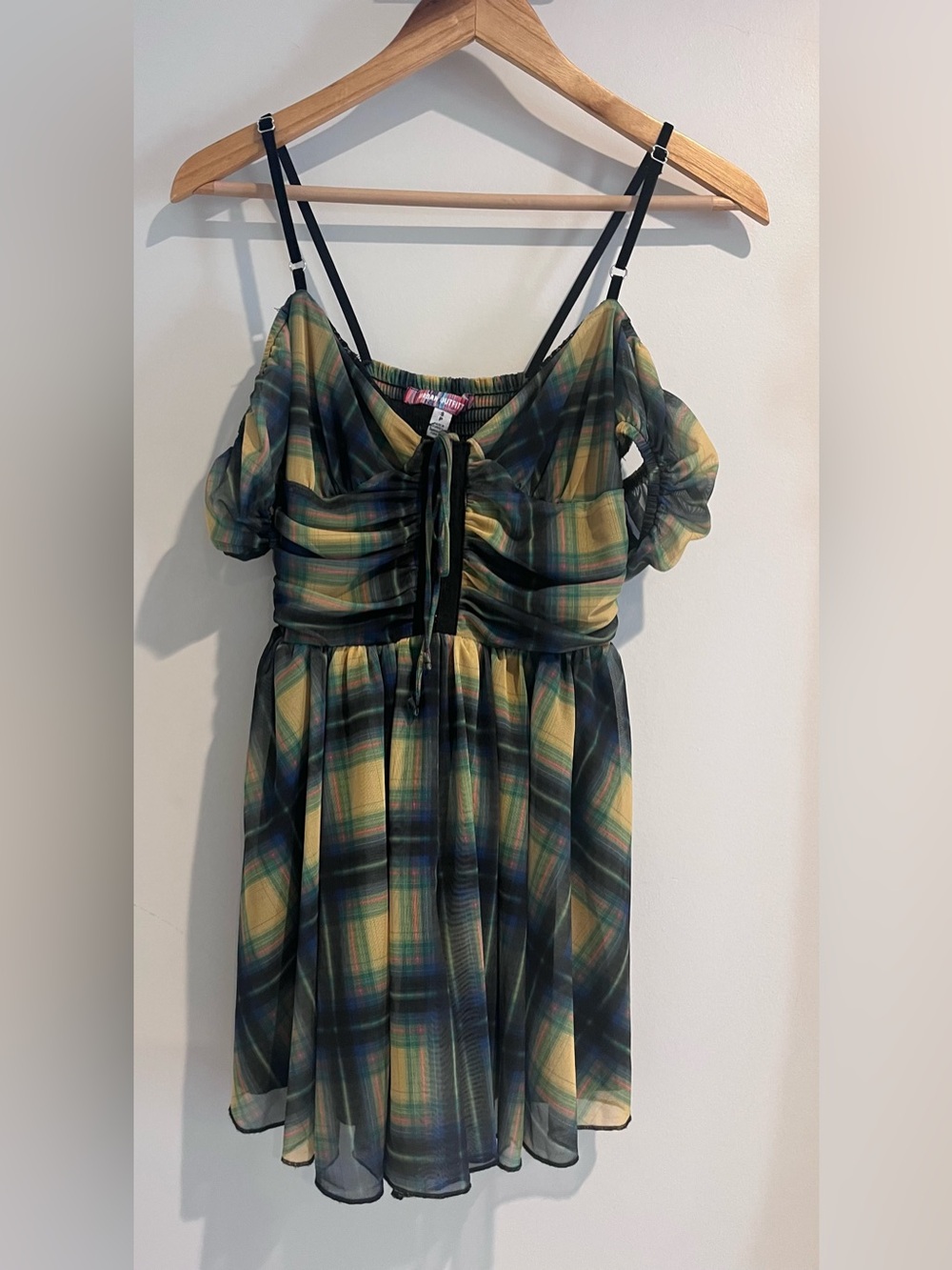 UO Urban Outfitters Green Plaid Dress Romper SMALL Tula Off Shoulder Goth Fall